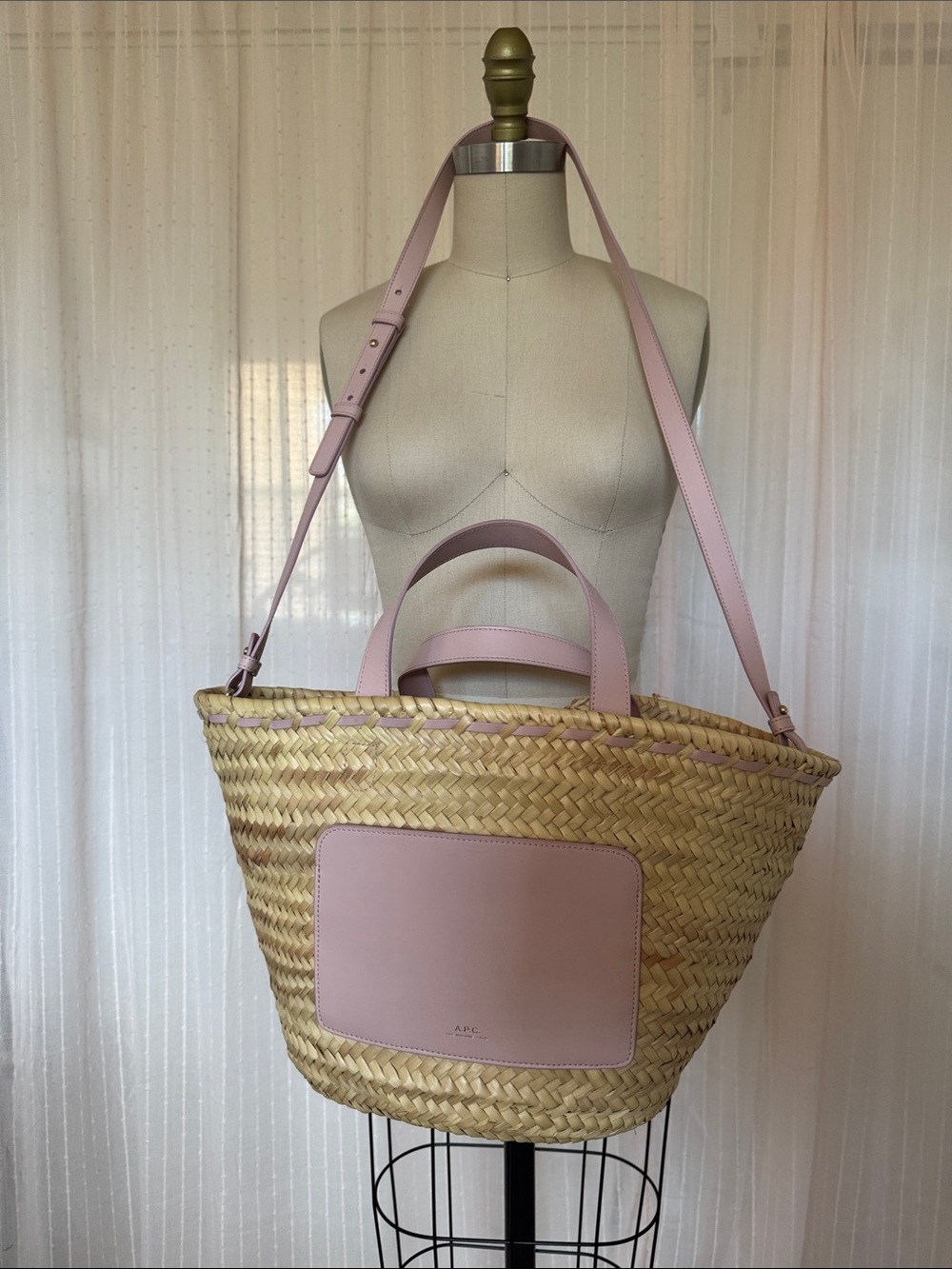 Straw Tote Bag with Pink Leather Trim